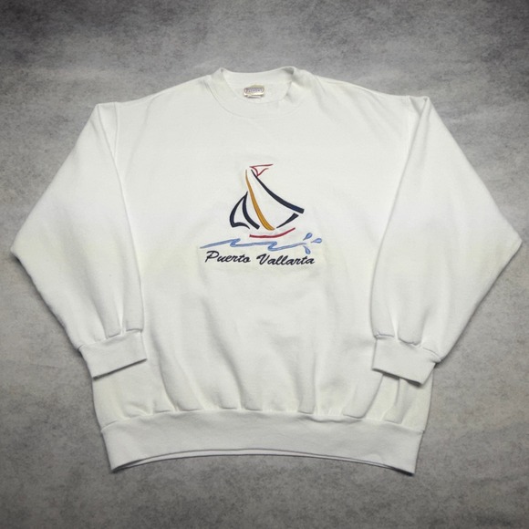 Souvenir Factory Other - Vintage 90s Puerto Vallarta Sailboat Embroidered Sweatshirt White Large Boat Y2K
